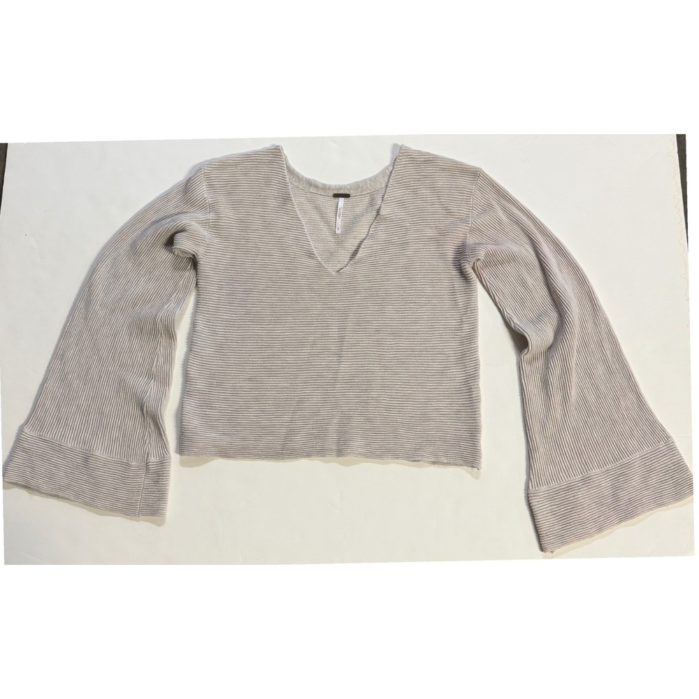 Free People Bell Sleeve Ribbed V-Neck Sweater Beige Wool Blend Small